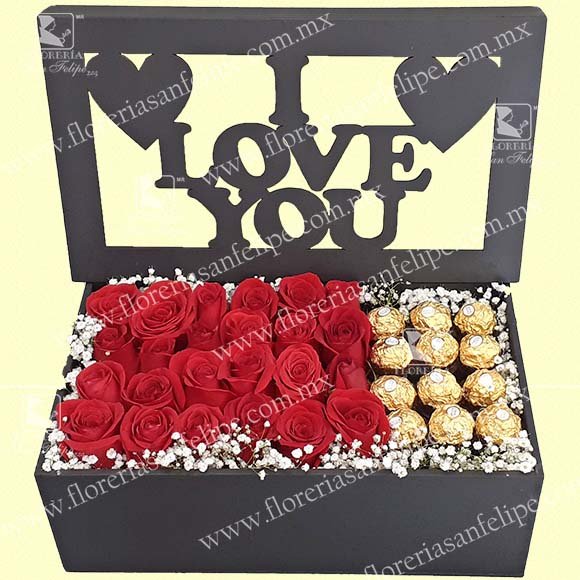 Caja de Madera "I Love You" con Rosas y Ferrero